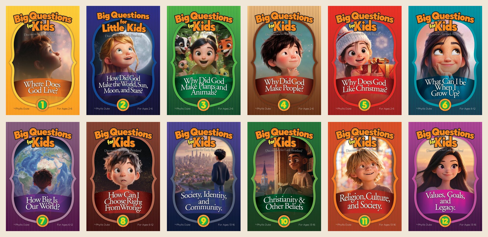 Covers of all 12 books in the Big Questions series