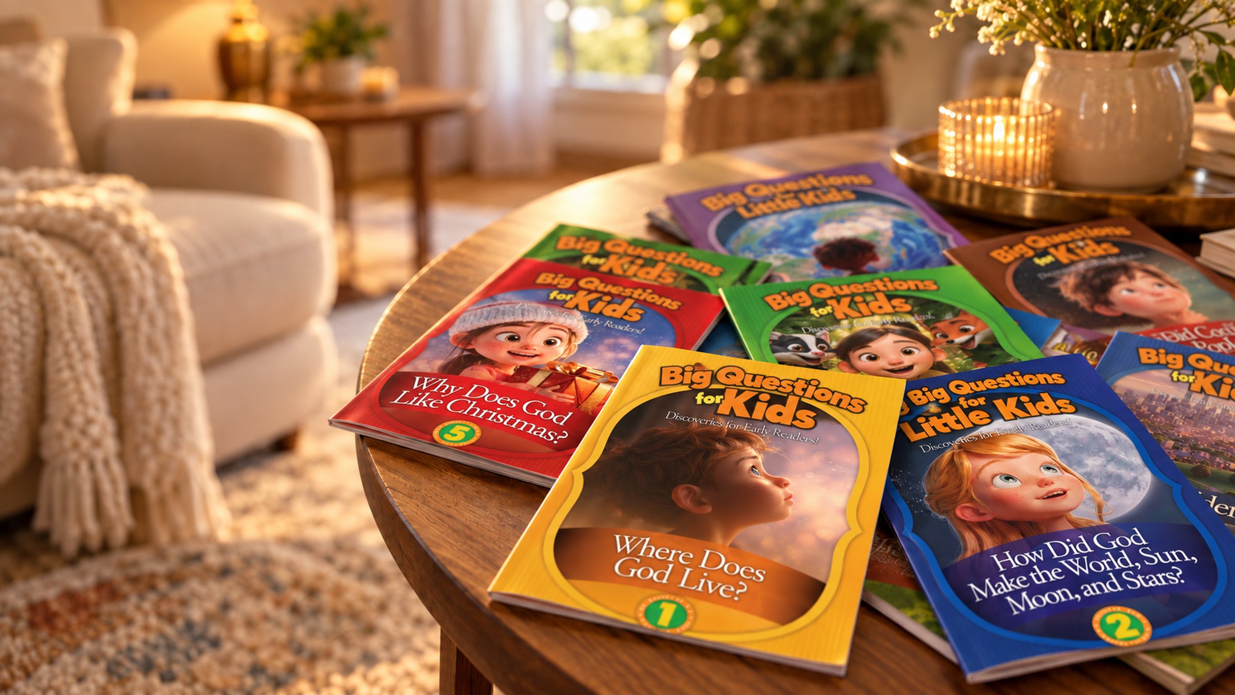 Big Questions books spread across a wooden coffee table in a warm, sunlit living room
