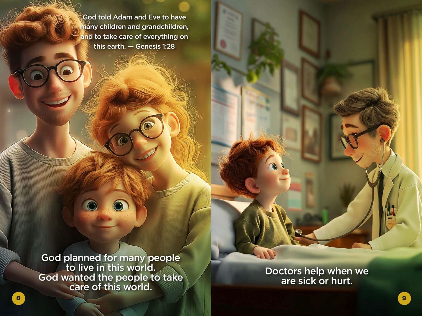 A spread showing a family, and a doctor caring for a boy