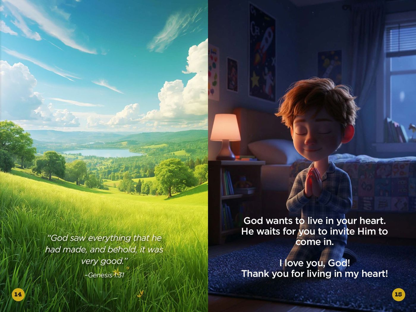 A spread showing a green valley and a boy praying at bedtime